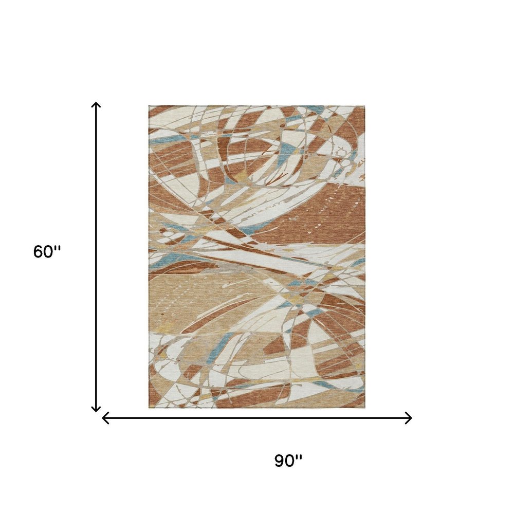 5' X 8' Rust And Orange Abstract Washable Indoor Outdoor Area Rug — view 4