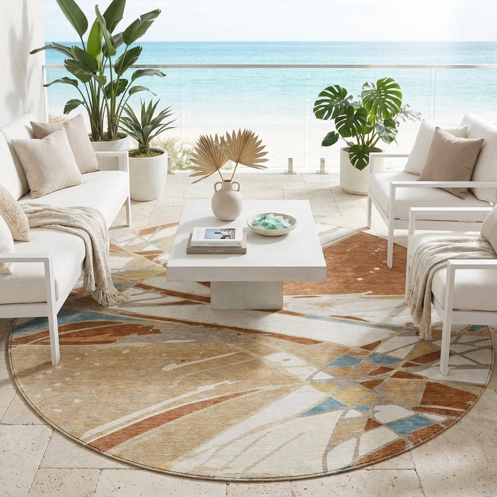 8' Rust And Orange Round Abstract Washable Indoor Outdoor Area Rug — view 6