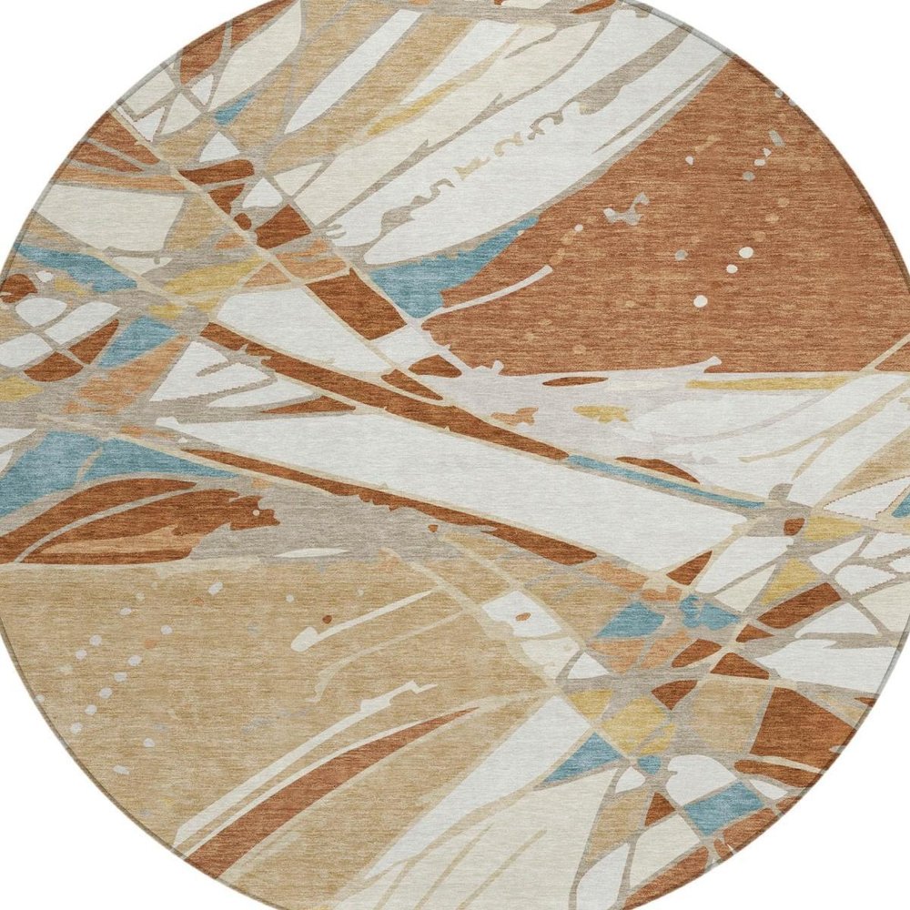 8' Rust And Orange Round Abstract Washable Indoor Outdoor Area Rug — view 7