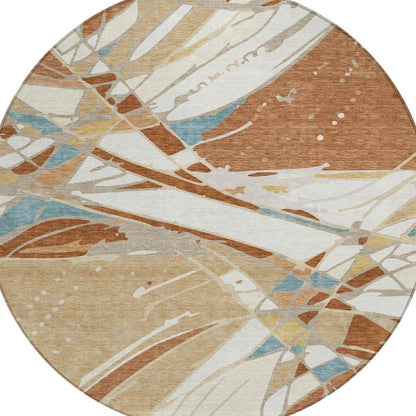 8' Rust And Orange Round Abstract Washable Indoor Outdoor Area Rug