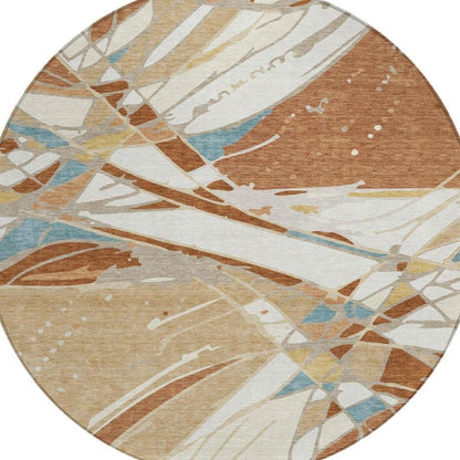 8' Rust And Orange Round Abstract Washable Indoor Outdoor Area Rug