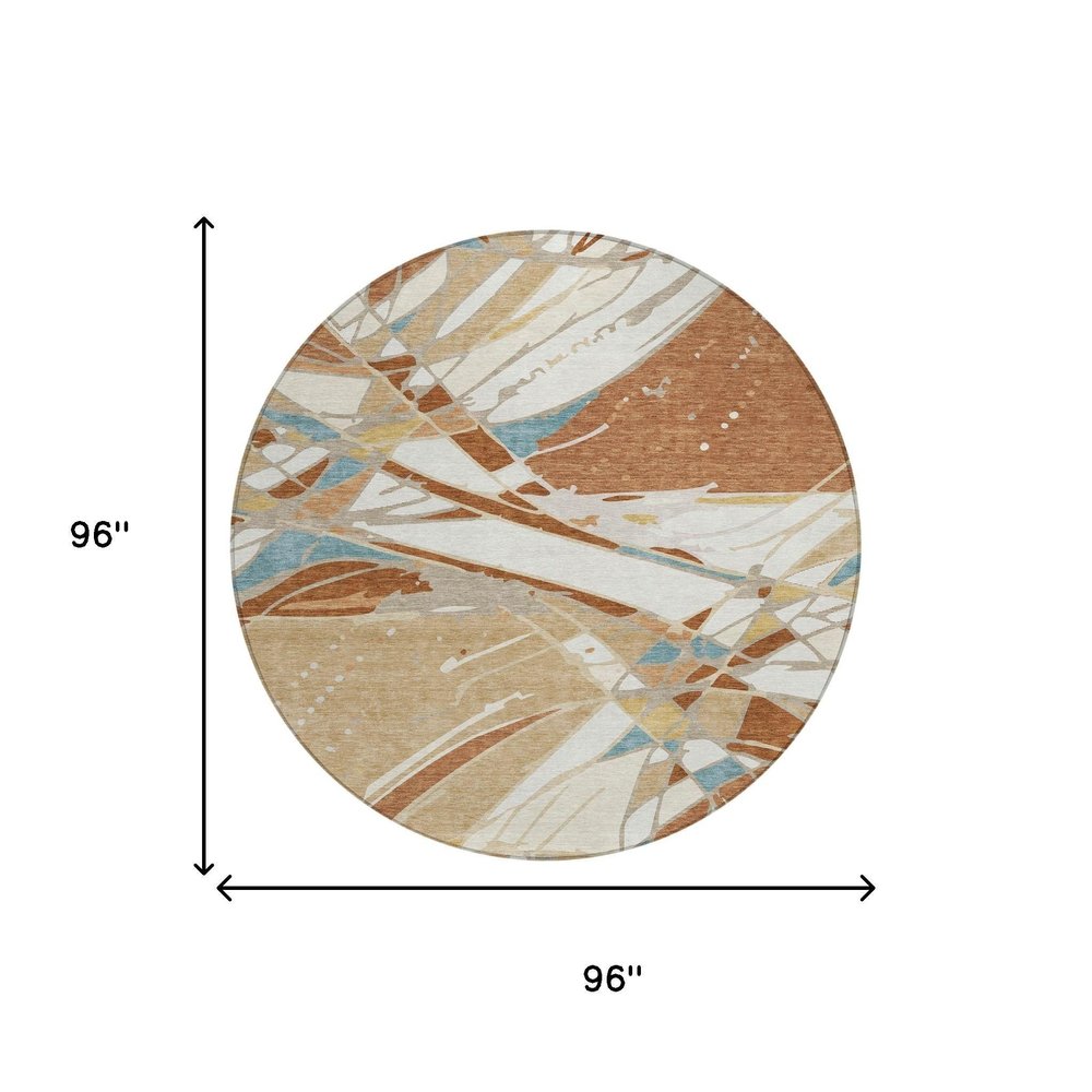 8' Rust And Orange Round Abstract Washable Indoor Outdoor Area Rug — view 5