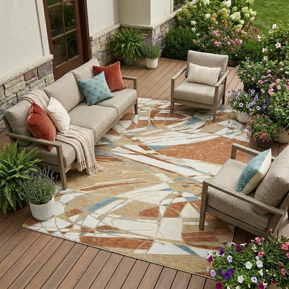 9' X 12' Rust And Orange Abstract Washable Indoor Outdoor Area Rug