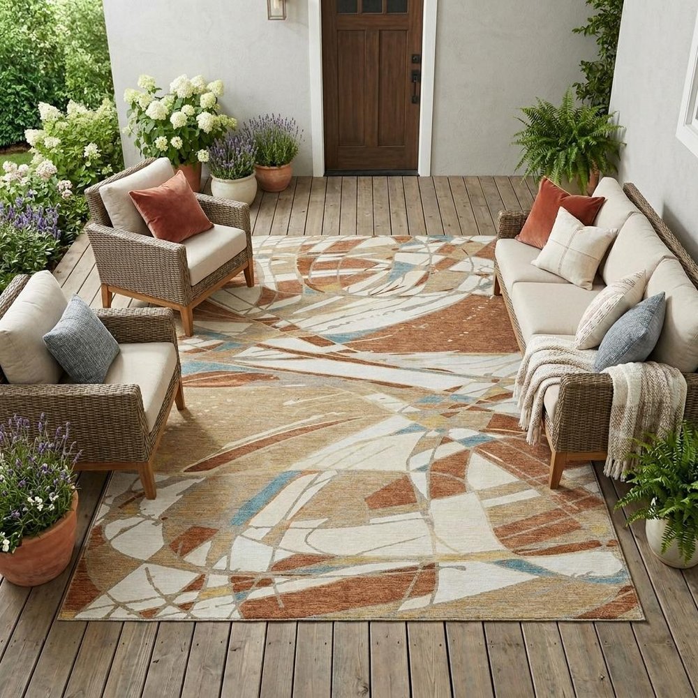 10' X 14' Rust And Orange Abstract Washable Indoor Outdoor Area Rug — view 6