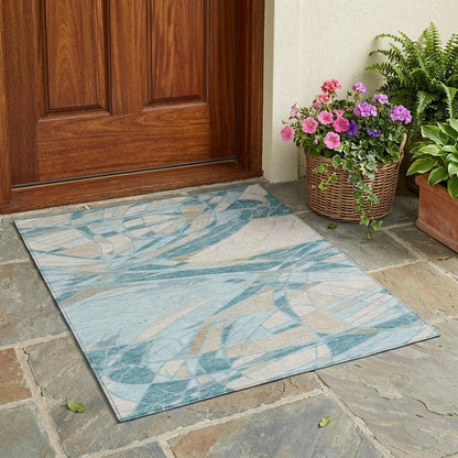 3' X 5' Teal Blue And Silver Abstract Washable Indoor Outdoor Area Rug HomeRoots
