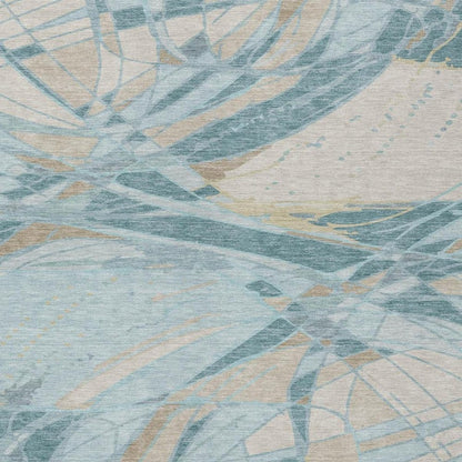 3' X 5' Teal Blue And Silver Abstract Washable Indoor Outdoor Area Rug