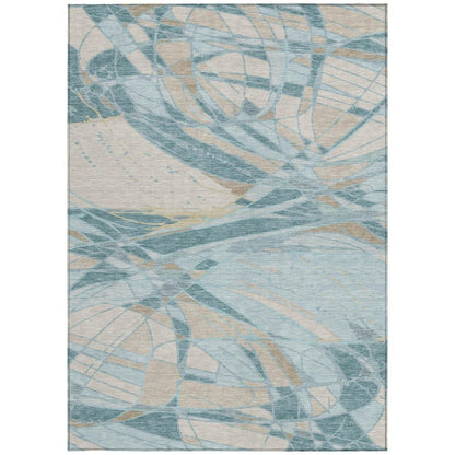 3' X 5' Teal Blue And Silver Abstract Washable Indoor Outdoor Area Rug