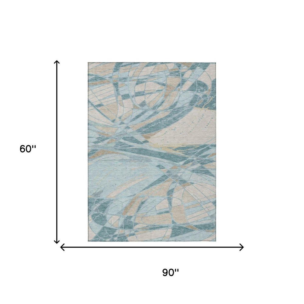 5' X 8' Teal Blue And Silver Abstract Washable Indoor Outdoor Area Rug — view 5