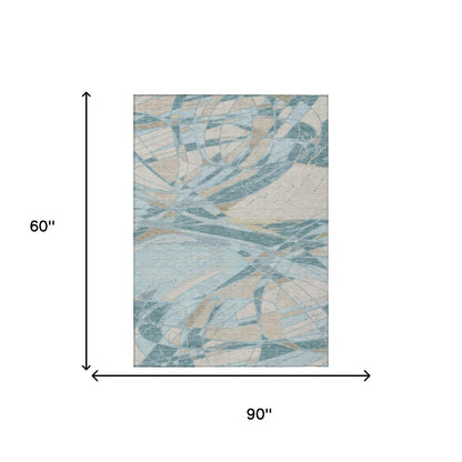 5' X 8' Teal Blue And Silver Abstract Washable Indoor Outdoor Area Rug