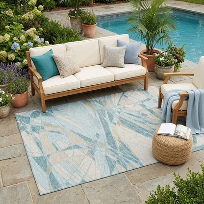 5' X 8' Teal Blue And Silver Abstract Washable Indoor Outdoor Area Rug HomeRoots