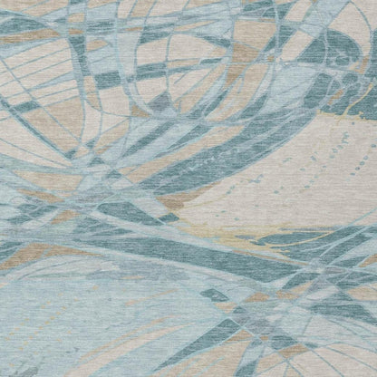 5' X 8' Teal Blue And Silver Abstract Washable Indoor Outdoor Area Rug