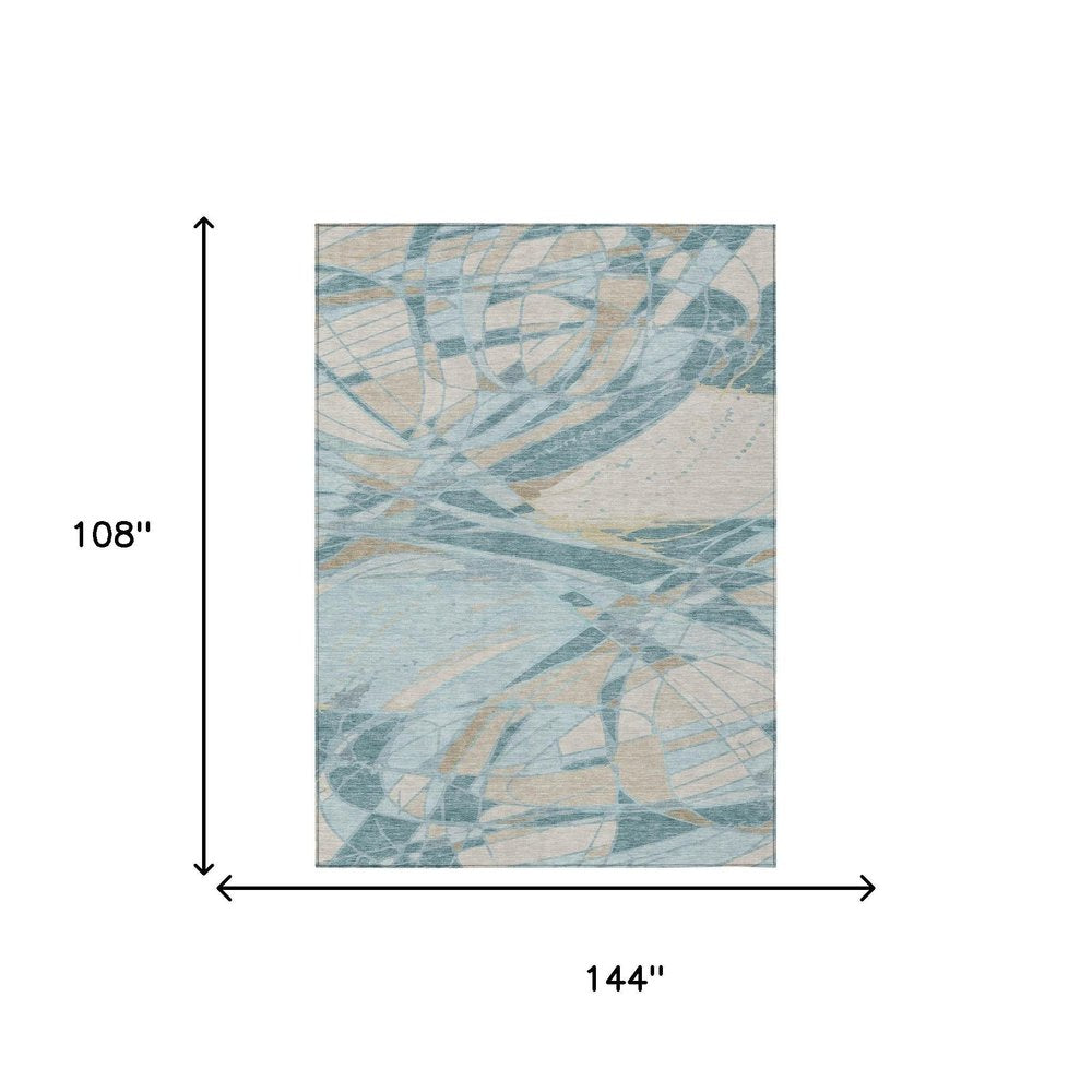 9' X 12' Teal Blue And Silver Abstract Washable Indoor Outdoor Area Rug — view 4