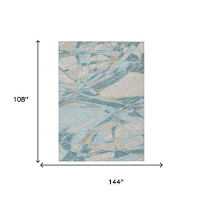 9' X 12' Teal Blue And Silver Abstract Washable Indoor Outdoor Area Rug HomeRoots