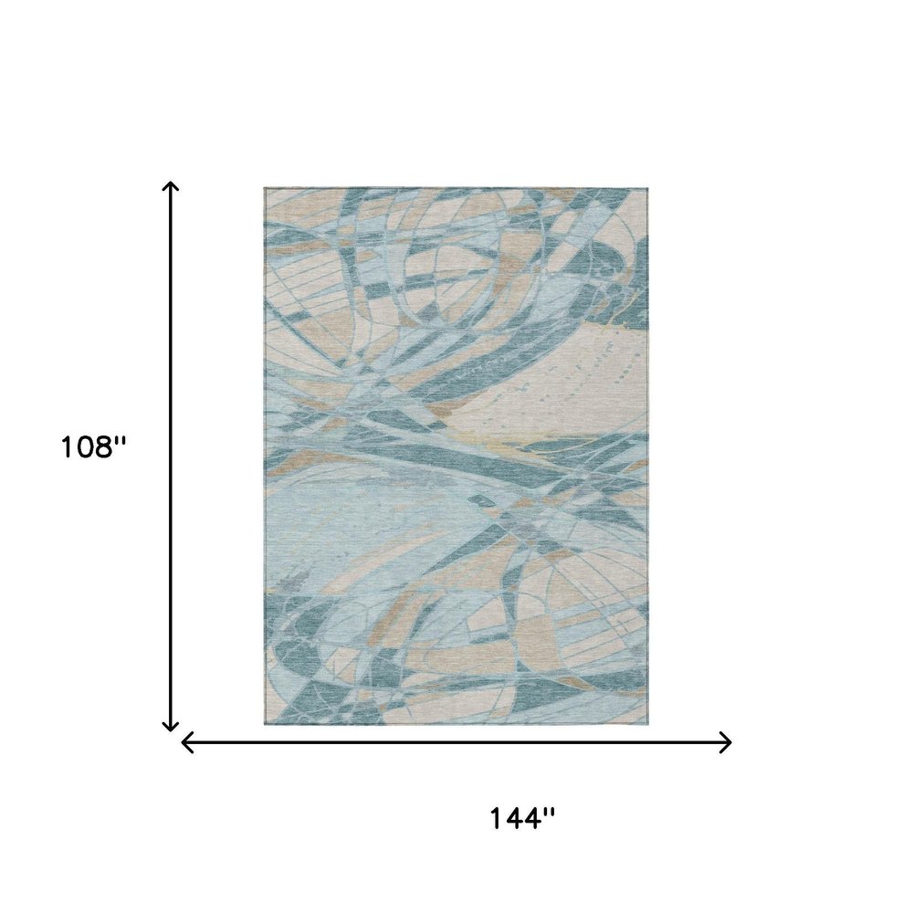 9' X 12' Teal Blue And Silver Abstract Washable Indoor Outdoor Area Rug — view 5