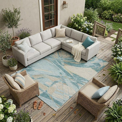 9' X 12' Teal Blue And Silver Abstract Washable Indoor Outdoor Area Rug HomeRoots