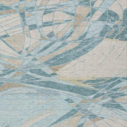 9' X 12' Teal Blue And Silver Abstract Washable Indoor Outdoor Area Rug