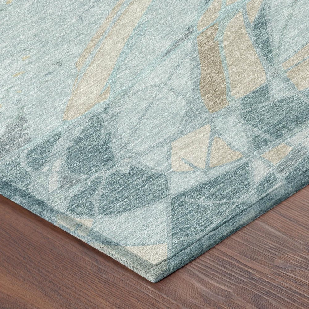 9' X 12' Teal Blue And Silver Abstract Washable Indoor Outdoor Area Rug