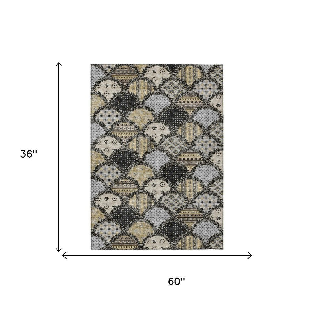 3' X 5' Black And Graphite Geometric Washable Indoor Outdoor Area Rug HomeRoots
