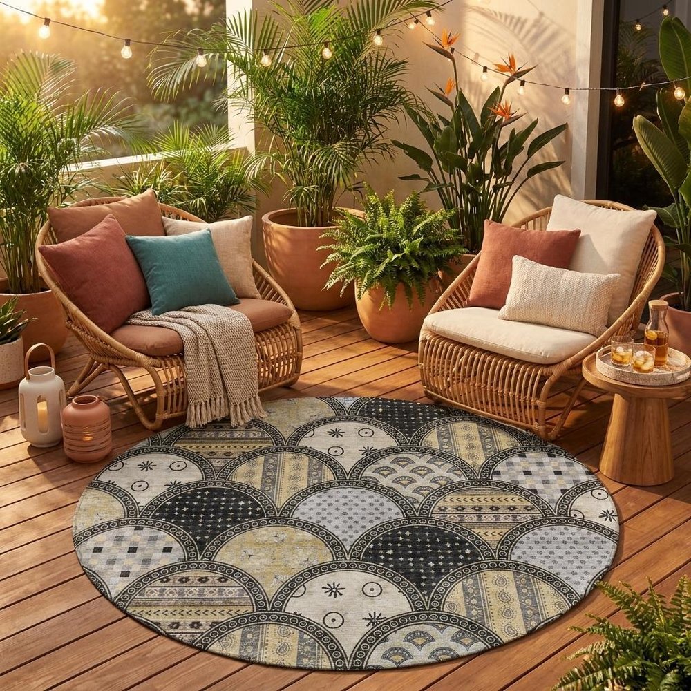8' Black And Graphite Round Geometric Washable Indoor Outdoor Area Rug