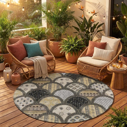 8' Black And Graphite Round Geometric Washable Indoor Outdoor Area Rug HomeRoots