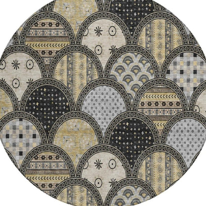 8' Black And Graphite Round Geometric Washable Indoor Outdoor Area Rug