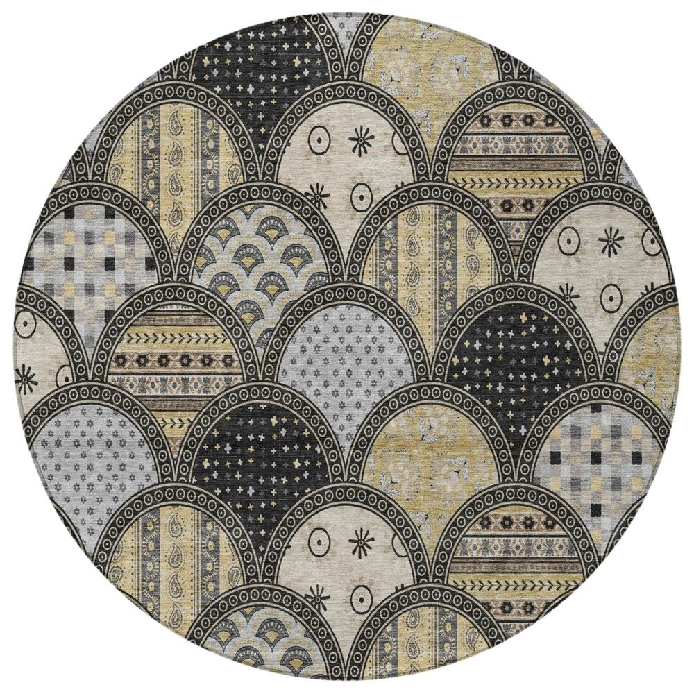8' Black And Graphite Round Geometric Washable Indoor Outdoor Area Rug