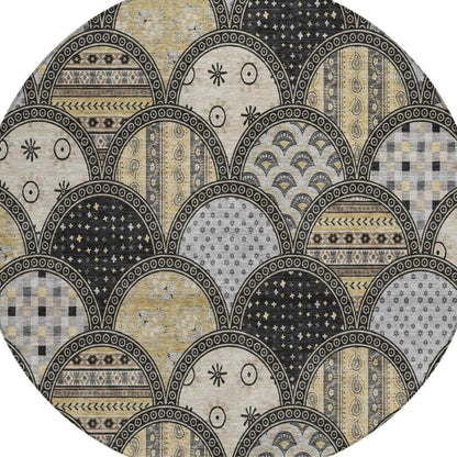 8' Black And Graphite Round Geometric Washable Indoor Outdoor Area Rug