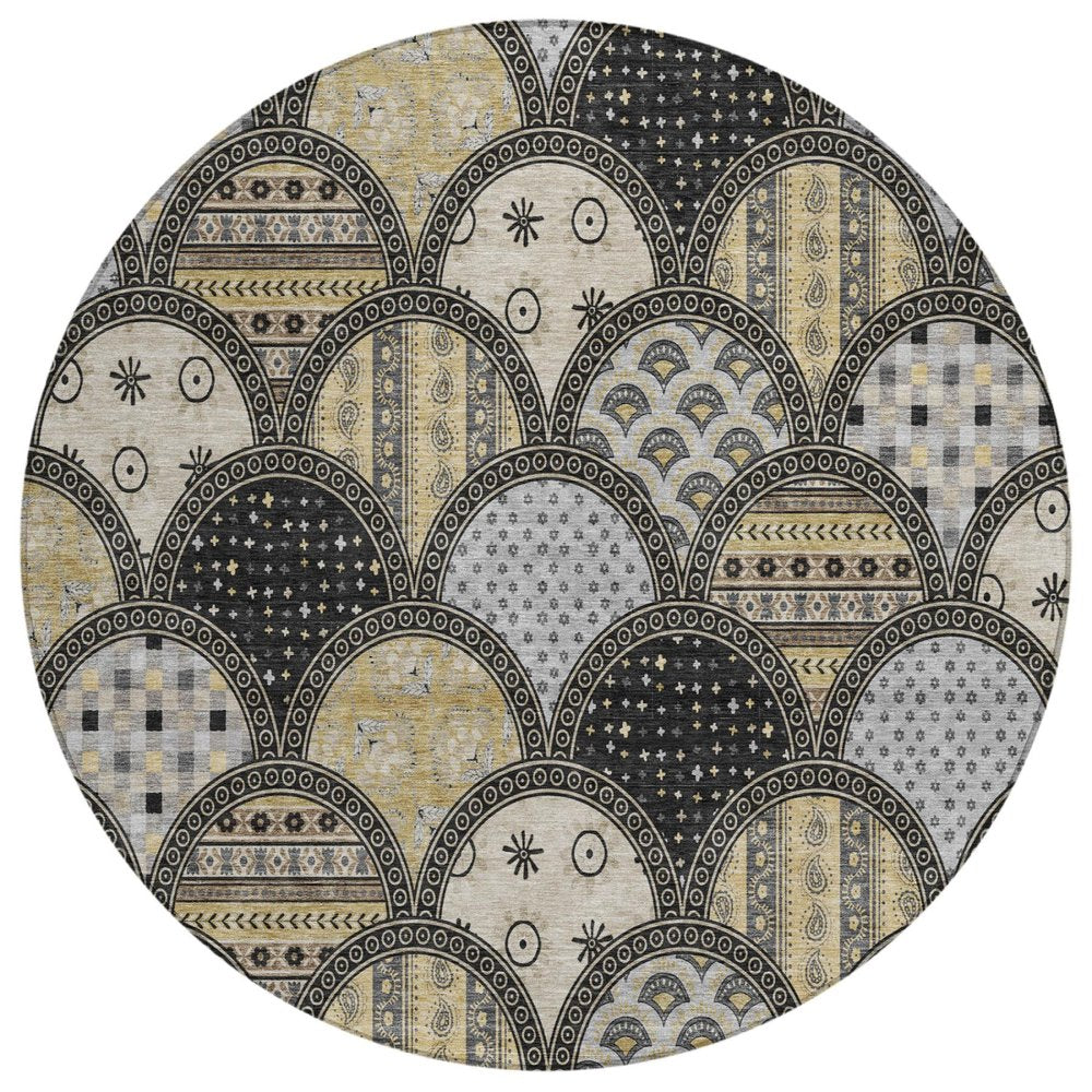 8' Black And Graphite Round Geometric Washable Indoor Outdoor Area Rug HomeRoots