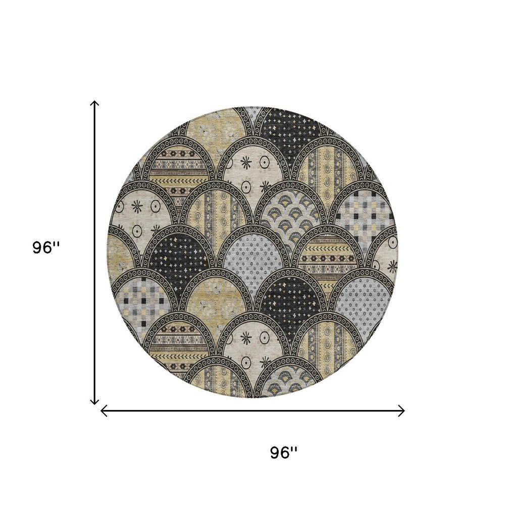 8' Black And Graphite Round Geometric Washable Indoor Outdoor Area Rug — view 4