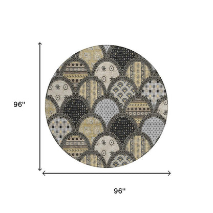 8' Black And Graphite Round Geometric Washable Indoor Outdoor Area Rug HomeRoots