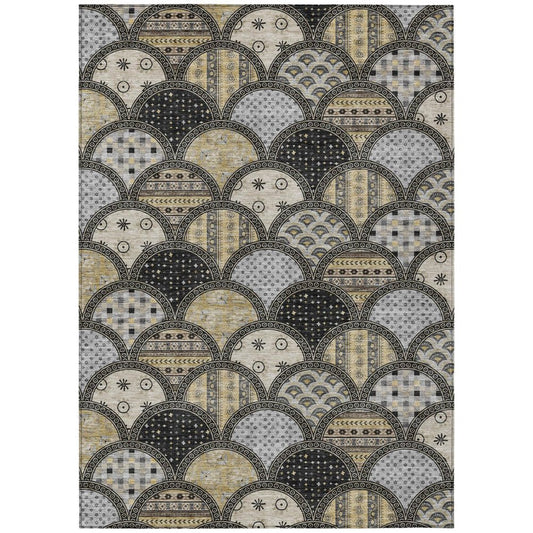 10' X 14' Black And Graphite Geometric Washable Indoor Outdoor Area Rug