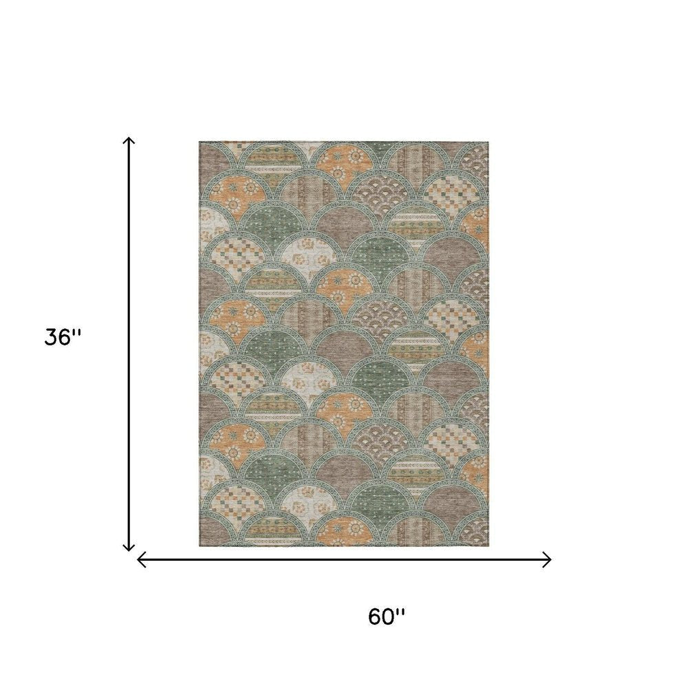 3' X 5' Green And Copper Geometric Washable Indoor Outdoor Area Rug — view 4