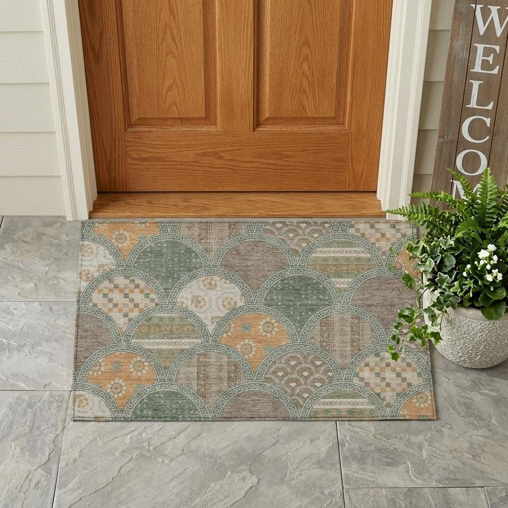 3' X 5' Green And Copper Geometric Washable Indoor Outdoor Area Rug — view 5