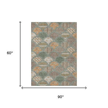 5' X 8' Green And Copper Geometric Washable Indoor Outdoor Area Rug