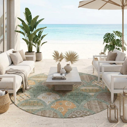 8' Green And Copper Round Geometric Washable Indoor Outdoor Area Rug HomeRoots