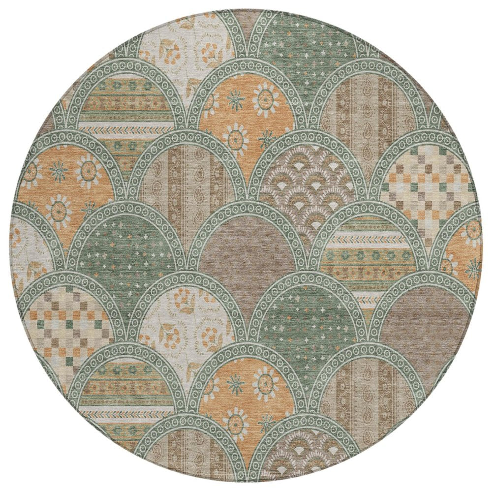 8' Green And Copper Round Geometric Washable Indoor Outdoor Area Rug HomeRoots