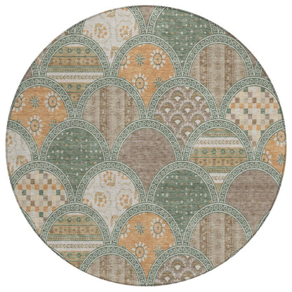 8' Green And Copper Round Geometric Washable Indoor Outdoor Area Rug HomeRoots