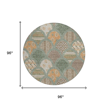 8' Green And Copper Round Geometric Washable Indoor Outdoor Area Rug HomeRoots