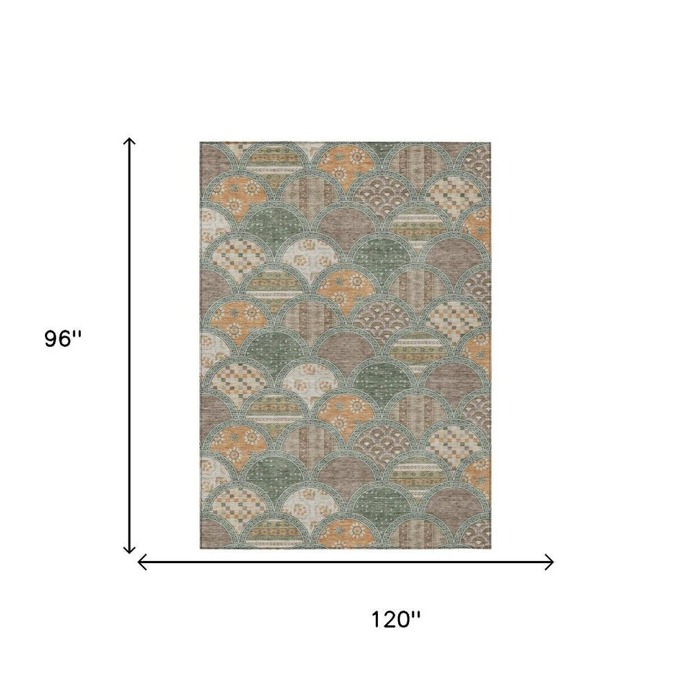 8' X 10' Green And Copper Geometric Washable Indoor Outdoor Area Rug — view 4