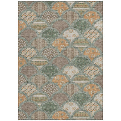 8' X 10' Green And Copper Geometric Washable Indoor Outdoor Area Rug