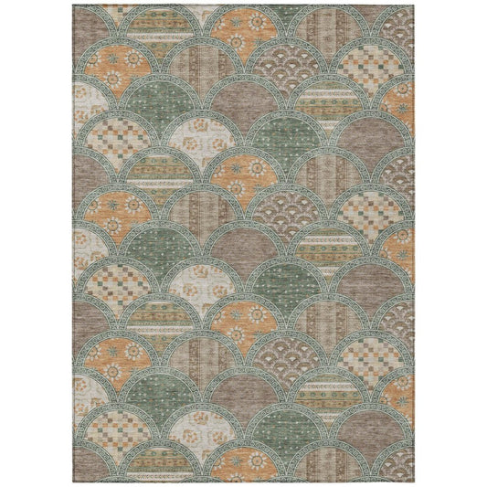 8' X 10' Green And Copper Geometric Washable Indoor Outdoor Area Rug