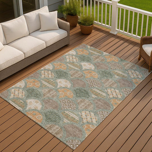 9' X 12' Green And Copper Geometric Washable Indoor Outdoor Area Rug