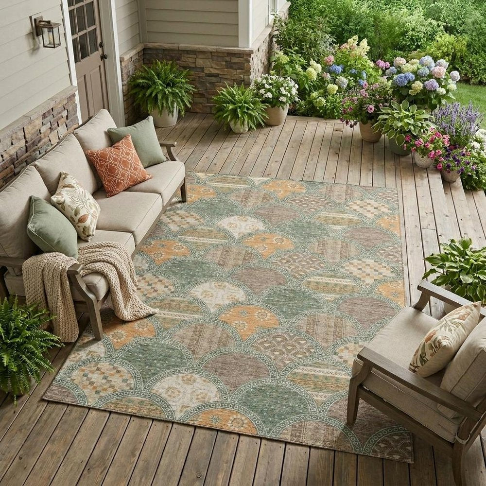 10' X 14' Green And Copper Geometric Washable Indoor Outdoor Area Rug HomeRoots