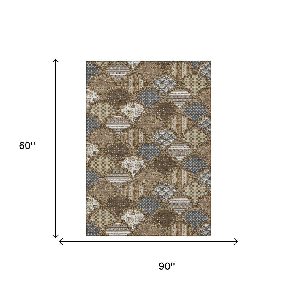 5' X 8' Chocolate And Brown Geometric Washable Indoor Outdoor Area Rug — view 4