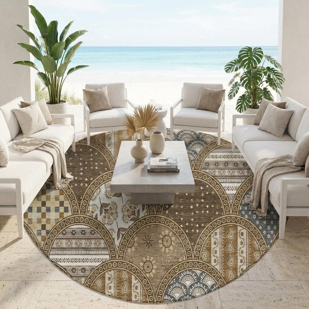 8' Chocolate And Brown Round Geometric Washable Indoor Outdoor Area Rug