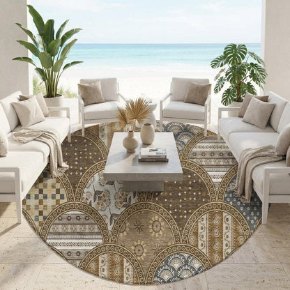 8' Chocolate And Brown Round Geometric Washable Indoor Outdoor Area Rug