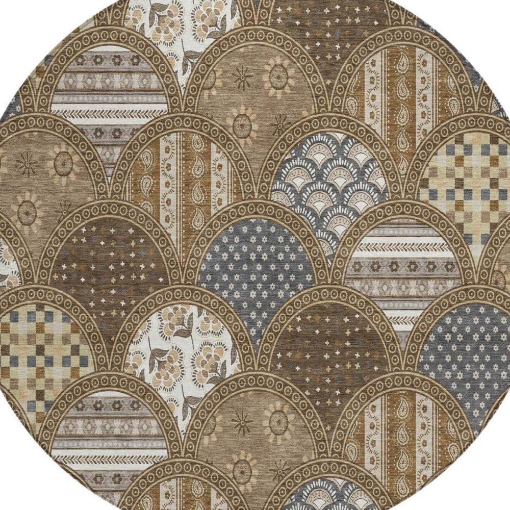8' Chocolate And Brown Round Geometric Washable Indoor Outdoor Area Rug