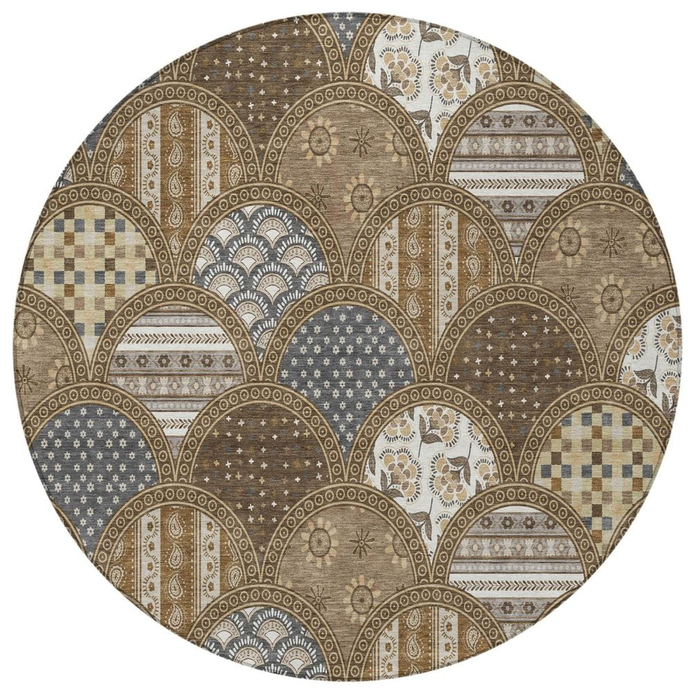 8' Chocolate And Brown Round Geometric Washable Indoor Outdoor Area Rug — view 8