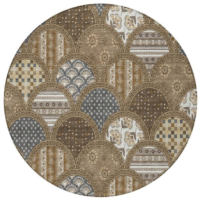 8' Chocolate And Brown Round Geometric Washable Indoor Outdoor Area Rug