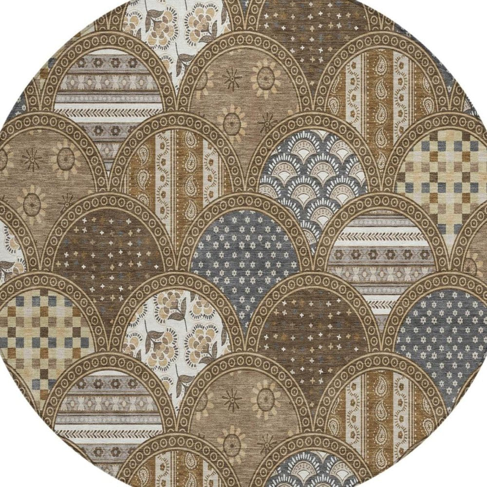 8' Chocolate And Brown Round Geometric Washable Indoor Outdoor Area Rug — view 9